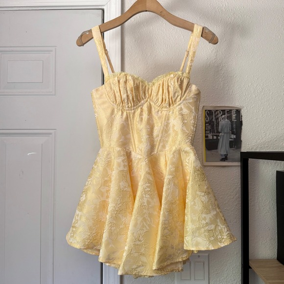 babyboo Dresses & Skirts - BABYBOO butter yellow babydoll brocade embroidered sleeveless bustier mini dress
